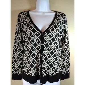 Talbots Black Off-White Geometric Cardigan. Merino Wool. Size Petite Small